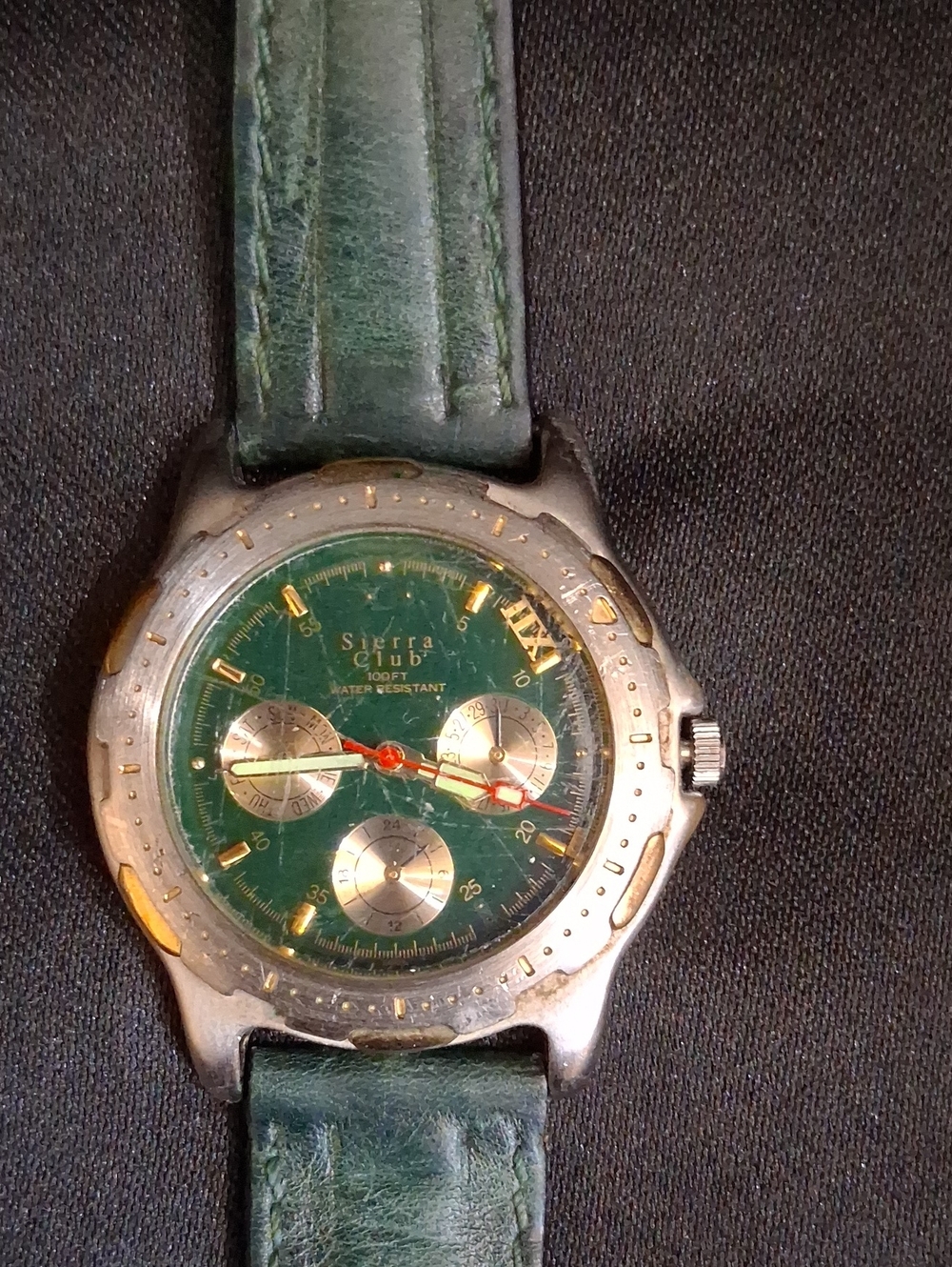 Vintage Sierra Club Quartz Wristwatch - Green Dial Gold Bezel - Date - New Batt